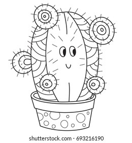 Doodle coloring book page funny cactus. Anti-stress coloring for adults and children