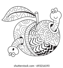 Doodle coloring book page funny apple with worms. Anti-stress coloring for adults and children