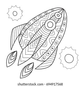 Doodle coloring book page funny space rocket. Anti-stress coloring for adults and children
