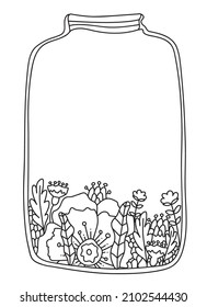 Doodle coloring book page. Glass jar with flowers and space for text. Vector Lines art design anti-stress for adults and kids. Hand drawn plant illustration.