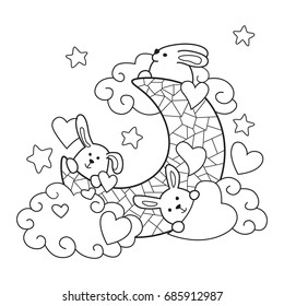 Doodle coloring book page moon with bunnies. Anti-stress coloring for adults and children