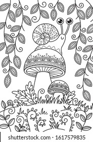 Doodle coloring book page snail on mushroom. Antistress for adult. Stock vector illustration