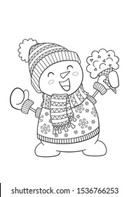 Doodle coloring book page snowman with ice cream. Christmas coloring page