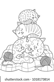 Doodle coloring book page three cats are sleeping on each other. Anti-stress for adults.