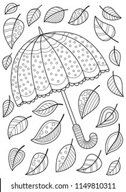 Doodle coloring book page umbrella and leaves. Antistress coloring for adults and children