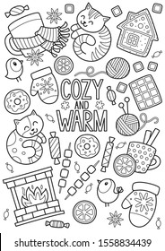 Doodle coloring book page winter mood pattern. Outlined set winter items. Cat, fireplace and fried marshmallows, chocolate, scarf, cups, balls, mittens, gingerbread cookie