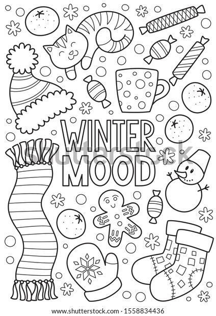 doodle coloring book page winter mood stock vector royalty