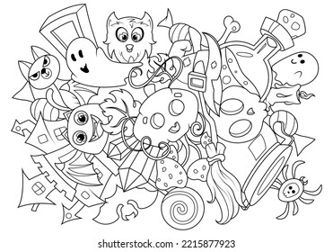 Doodle coloring for children the theme Halloween  Funny monsters   items  Vector illustration