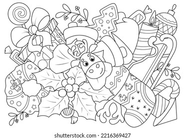 Doodle coloring for children on the theme of Christmas. Funny elements of New Year holidays. Vector illustration