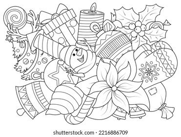 Doodle coloring for children on the theme of Christmas with a snowman in the middle. Funny elements of New Year holidays. Vector illustration