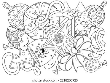 Doodle coloring for children on the theme of Christmas with gnomes and Christmas toys. Funny elements of New Year holidays. Vector illustration