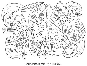 Doodle coloring for children on the theme of Christmas with a gnome in the middle. Funny elements of New Year holidays. Vector illustration