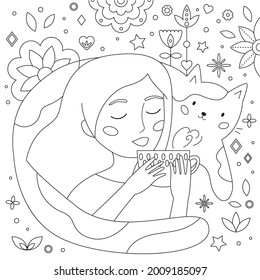 Doodle coloring page for adults and children. Cute cartoon woman drinking tea. Kawaii funny cat. Abstract geometric shapes and flowers. Antistress coloring book. Black and white outline illustration.