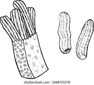 Doodle coloring page for adults with churros. Ink art with spanish food. Vector illustration.