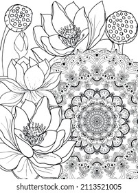 Doodle coloring page for adults Mandala and a beautiful lotus. 