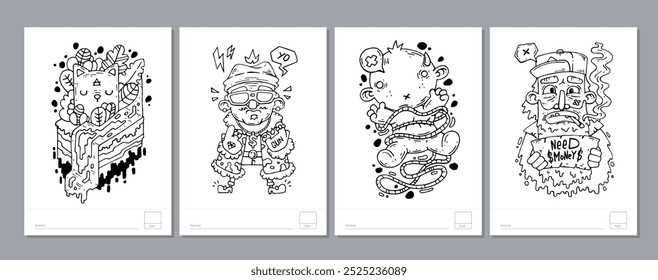 Doodle coloring page for children and adults. Black and white vector characters. Vector doodle illustration