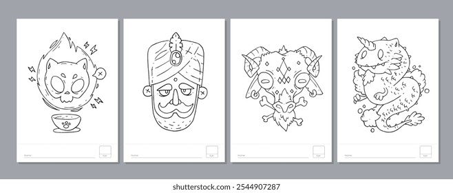 Doodle coloring page for children and adults. Black and white vector characters. Vector doodle illustration