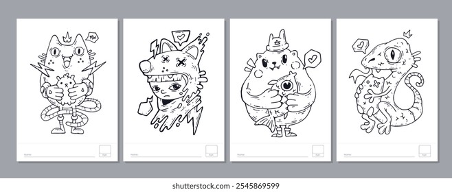 Doodle coloring page for children and adults. Black and white vector characters. Vector doodle illustration