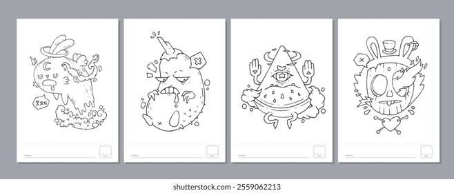 Doodle coloring page for children and adults. Black and white vector characters. Vector doodle illustration