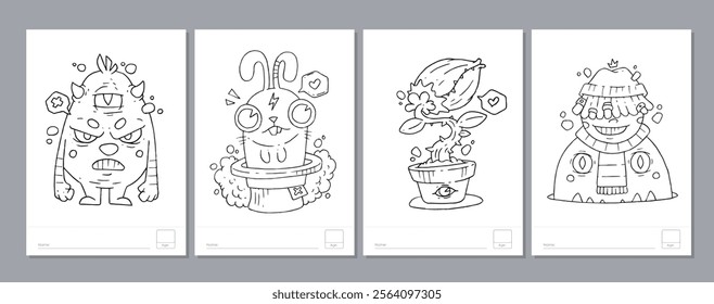 Doodle coloring page for children and adults. Black and white vector characters. Vector doodle illustration