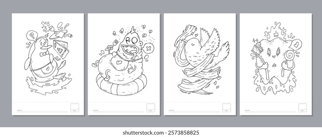 Doodle coloring page for children and adults. Black and white vector characters. Vector doodle illustration