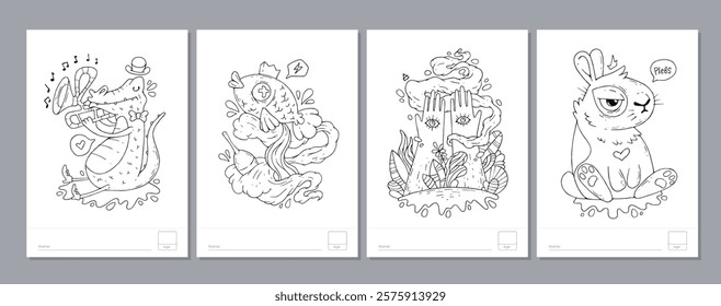 Doodle coloring page for children and adults. Black and white vector characters. Vector doodle illustration