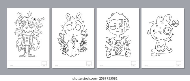 Doodle coloring page for children and adults. Black and white vector characters. Vector doodle illustration