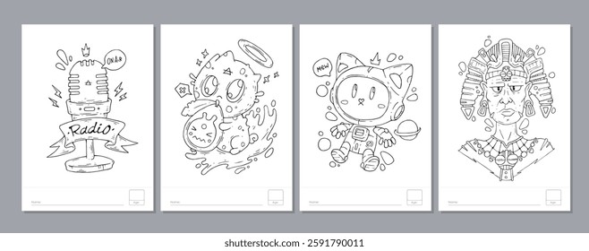Doodle coloring page for children and adults. Black and white vector characters. Vector doodle illustration