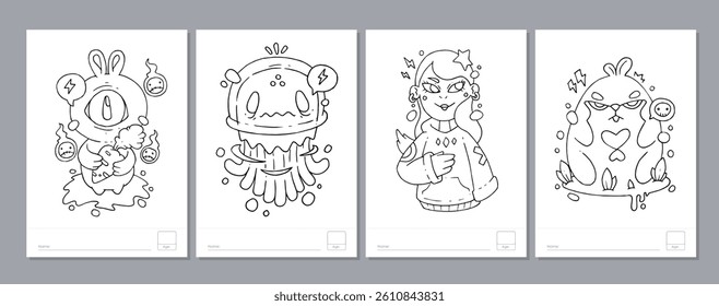Doodle coloring page for children and adults. Black and white vector characters. Vector doodle illustration