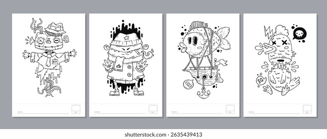 Doodle coloring page for children and adults. Black and white vector characters. Vector doodle illustration