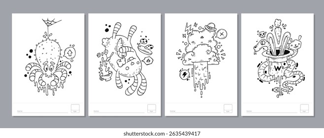 Doodle coloring page for children and adults. Black and white vector characters. Vector doodle illustration