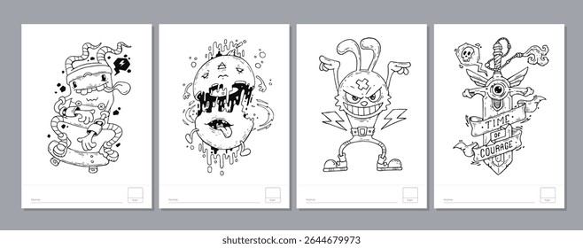 Doodle coloring page for children and adults. Black and white vector characters. Vector doodle illustration