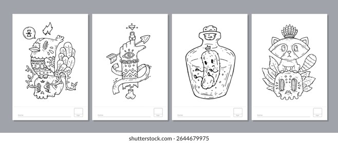 Doodle coloring page for children and adults. Black and white vector characters. Vector doodle illustration