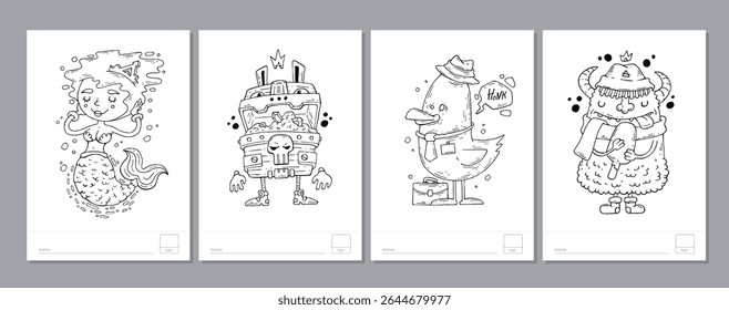 Doodle coloring page for children and adults. Black and white vector characters. Vector doodle illustration