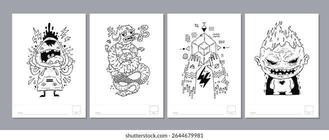 Doodle coloring page for children and adults. Black and white vector characters. Vector doodle illustration