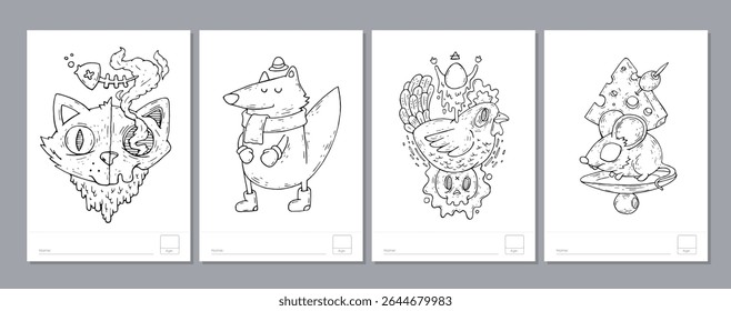 Doodle coloring page for children and adults. Black and white vector characters. Vector doodle illustration