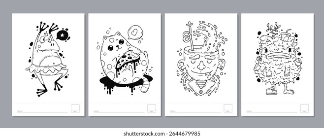 Doodle coloring page for children and adults. Black and white vector characters. Vector doodle illustration