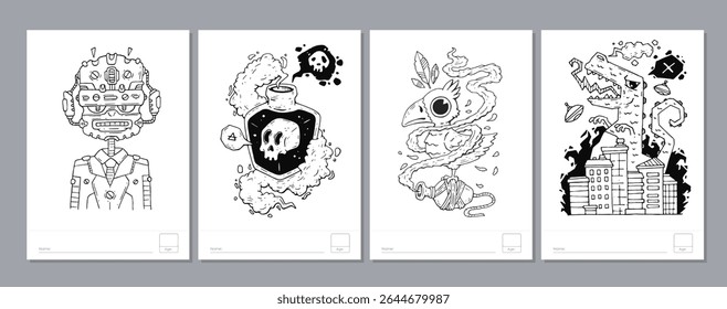Doodle coloring page for children and adults. Black and white vector characters. Vector doodle illustration