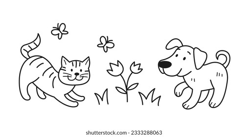 Doodle coloring page. Drawing with smiling dog and cat, flowers and butterflies in hand drawn style. Outline sketch with animals or pets. Linear flat vector illustration isolated on white background