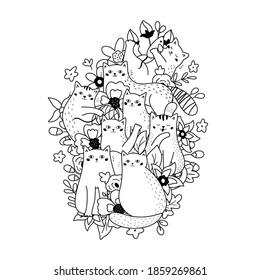 Doodle coloring page with funny cats and flowers. Outline illustration. Ideal for t-shirt prints. Black and white kittens.