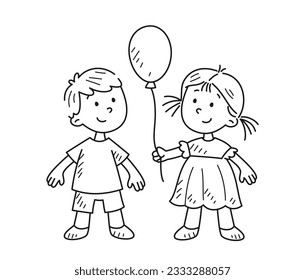 Doodle coloring page. Outline sketch with cute friendly little kids and balloon. Smiling friendly boy and girl in hand drawn style. Linear flat vector illustration isolated on white background