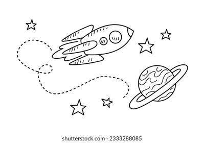 Doodle coloring page. Outline sketch with cosmic flying rocket and planet, stars and universe. Astronomy, space and education concept. Linear flat vector illustration isolated on white background