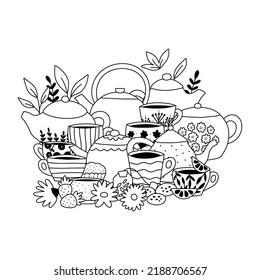 Doodle coloring page with tea pots, cups, leaves, strawberry and daisy flowers. Hand drawn tea party set. Black and white vector illustration.
