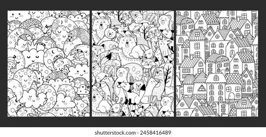 Doodle para colorear páginas de Paquete. Adorable conjunto de Plantillas para colorear libro en formato de carta de EE.UU. con zorros lindos, personajes de buenas noches y casas. Ilustración vectorial