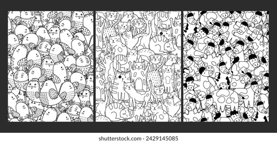 Dibujo para colorear conjunto de dibujos animados. Adorables plantillas para libros de colorear en formato Carta de los Estados Unidos. Patrones de gatos, vacas y aves. Ilustración de vector