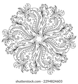 Doodle coloring pattern antistress for children and adults. Black and white illustration isolated.