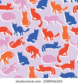 Doodle colors funny cats seamless pattern, cats hand drawn silhouette vector collection 