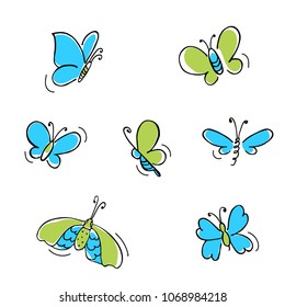 doodle coloured butterfly's - vector elements in blue, green color.