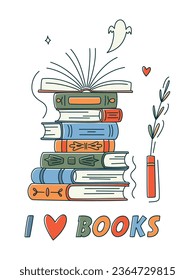 Doodle colourful stack of books. Vector illustration, books set icon. I love books sign. Reading books concept. Minimalism, line art.