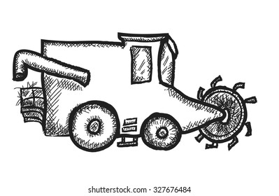doodle combine harvesting wheat, vector illustration